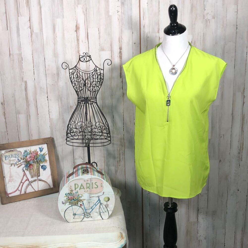 Michael Kors Yellow Green Zip Blouse Top Medium